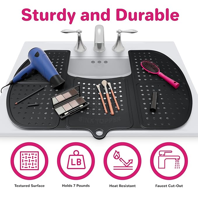 Sink Topper Bathroom Counter Cover & Storage Saver, Foldable Silicone Mat for Hot Tools, Hair Styling & Makeup, Beauty Brush Cleaning Mat, RV Camper Sink Cover & for Small Spaces (Large Black)