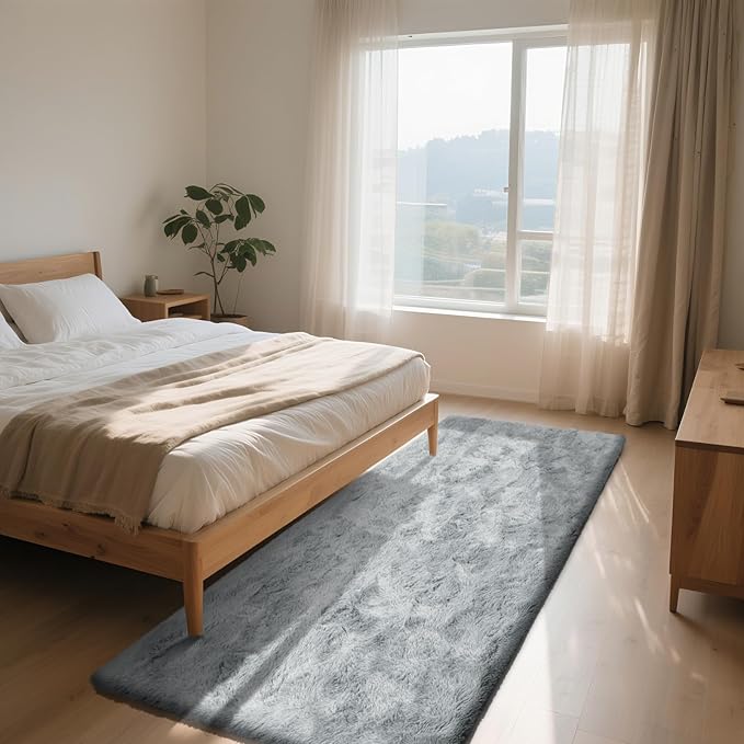 Soft Runner Rugs for Bedroom, Grey 3x7 Area Rugs Fluffy Rug Shaggy Area Rug Carpet, Bedside Rug for Living Room Bedroom Kids Room Home Decor