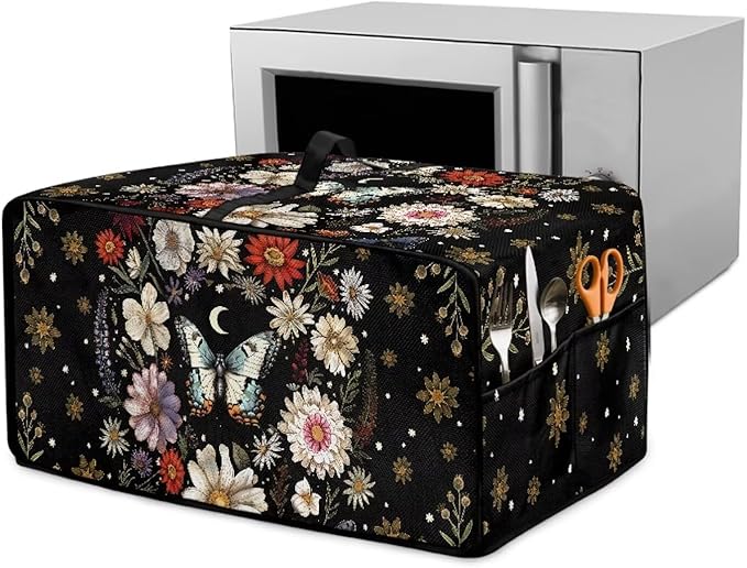 Waterproof Microwave Oven Cover Polyester-Linen Dust Cover for Microwave Oven Foldable Kitchen Machine Covers with Storage Pockets, Butterfly Daisy Floral Plant Moon Print, M
