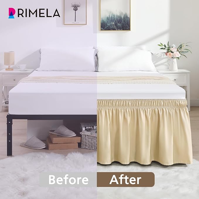 RIMELA Beige White Bed Skirt Queen Size 15 Inch Drop, Elastic Bed Skirting for Bed Base and Frame, Bedding Dust Ruffle Easy to Install, Lightweight Wrap Around Adjustable Bedskirt
