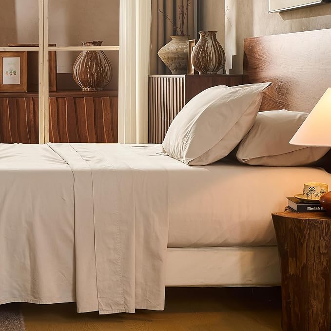 100% Linen Sheet Set King Size Extra Deep Pocket Fits 18-24 Inch Mattress, Breathable & Soft, Smooth 4-Piece Set for Thick Mattresses Hotel Luxury Bedding（King, Linen）