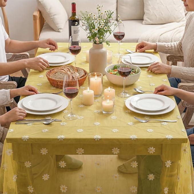 Horaldaily Yellow Embroidery Daisy Spring Summer Gauze Tablecloth 60×120 Inch Rectangular, Seasonal Tulle Table Cover, Garden Party Decorations for Wedding, Party, Holiday Dining