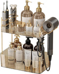 Shuang Qing 2 Tier Gold Bathroom Counter Organizer with Hair Dryer Holder, Skincare & Makeup Organizer, Cosmetics Shelf for Vanity Tray