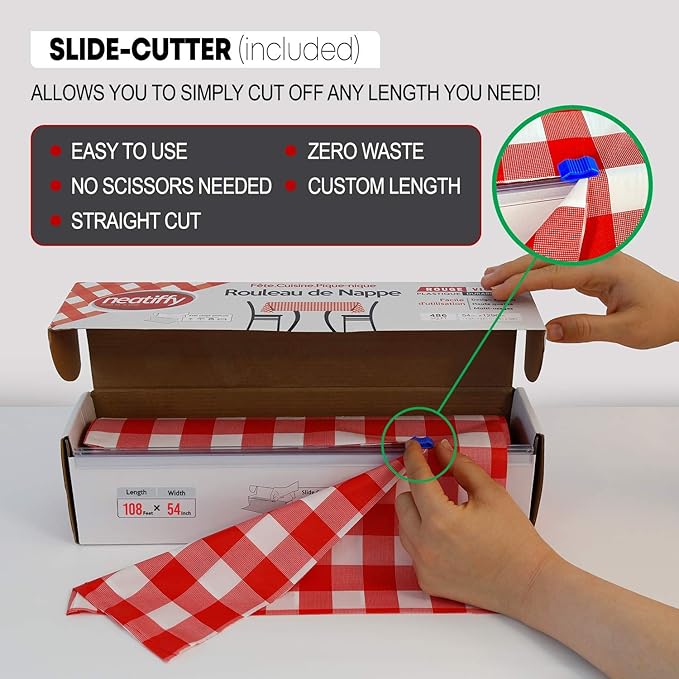 Neatiffy Disposable Plastic Table Cloth Roll | 54 in x 108 Ft Waterproof Tablecloth | Table Cover for Rectangle, Square, Round Oval Tables | Picnic, Party, Banquet, Birthdays, Weddings, Red Checkered