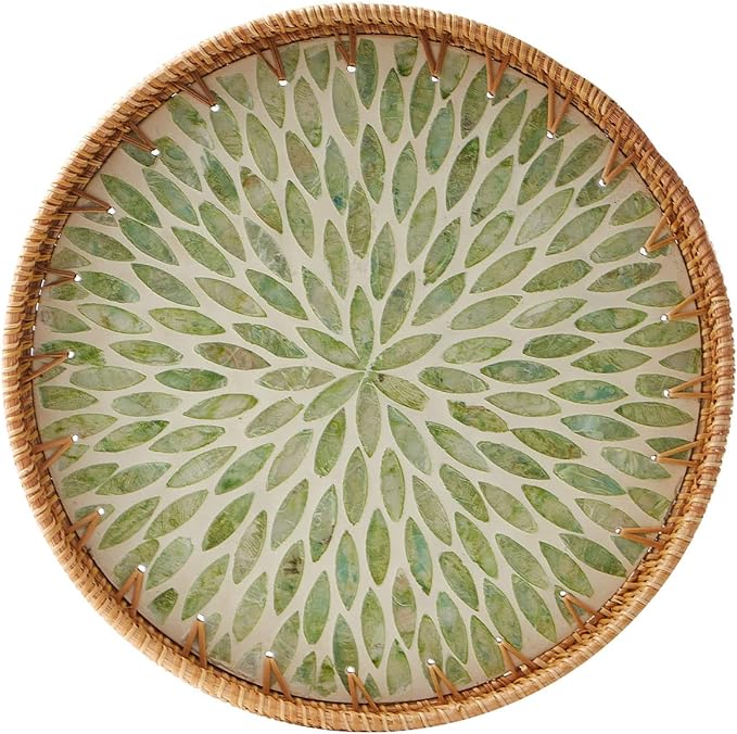 Round Rattan Tray with Mother of Pearl Inlay, Rattan Serving Tray with Wooden Base, Decorative Wicker Basket for Table Decor, Storage and Display of Coffee Bread Food Fruit (Leaf 13.5")