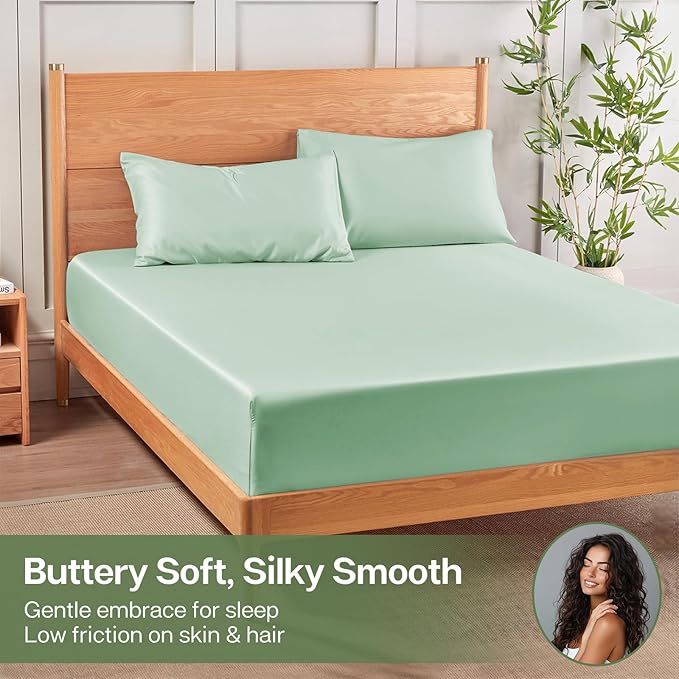 MR&HM Twin XL Fitted Sheet Only, Ultra-Soft Rayon Derived from Bamboo & Polyester Blend, Silky & Breathable, 15" Deep Pocket with Elastic Straps, Cooling Fitted Sheet for Hot Sleepers, Sage Green