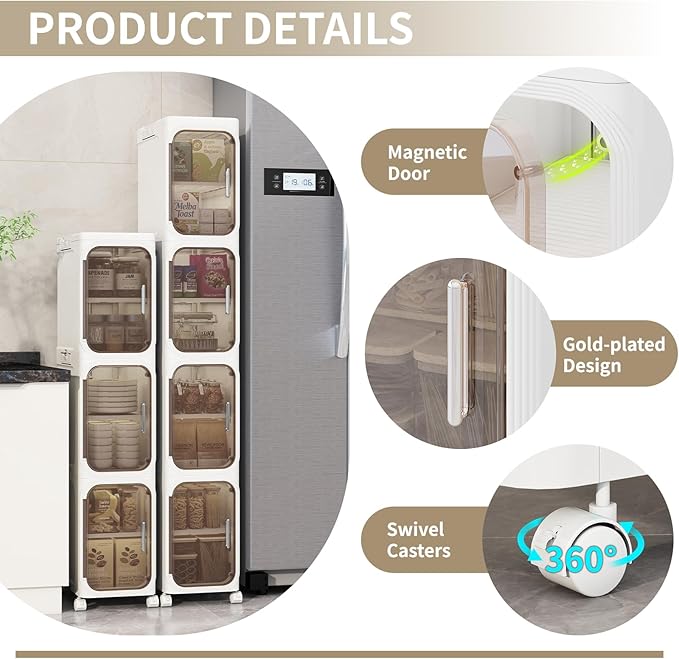 5-Tiers Slim Bathroom Storage Cabinet, Foldable Storage Cabinets,Narrow Bathroom Storage,Movable Bathroom Storage Organizer for Small Spaces,Bathroom,Kitchen,Laundry,White