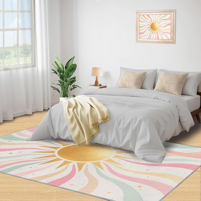 Boho Sun Area Rugs 5x7ft, Minimalist Sunburst Rugs for Living Room, Abstraction Deco Floor Rug Sturdy and Non-Shedding for Bedroom Hardwood Floors Teen Room