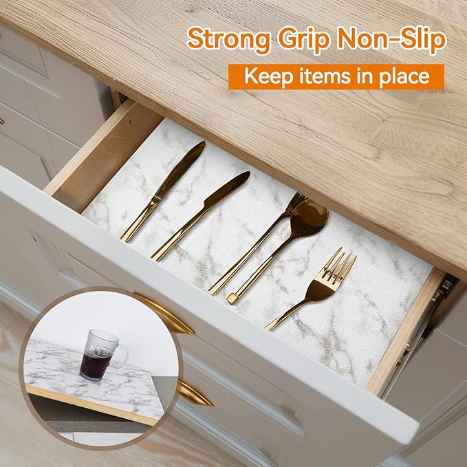 Shelf and Drawer Liner for Kitchen Cabinets Non-Adhesive, Strong Grip Non-Slip Thickened Cabinet Liners for Shelves, Waterproof Mats for Dresser Cupboard, Marble, 17 in x 30 Feet