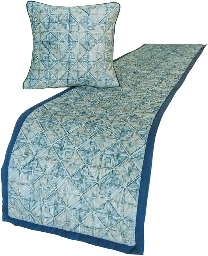 The HomeCentric King/Queen/Twin Blue Decorative Full 68"x18" Bed Runner with 2 Pillow Cover, Indigo, Printed & Quilted Bed Scarf on Suede Fabric - Indigo Centric