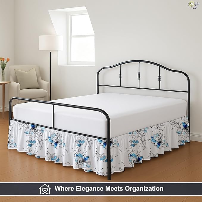 Cottington Lane Ruffled Bed Skirt Full Size with Split Corner, Brushed Microfiber Hotel Quality Dust Ruffle, 15 Inch Drop Gathered Bedskirt, Soft, Stylish, Shrink & Fade Resistant, Blue Blossom