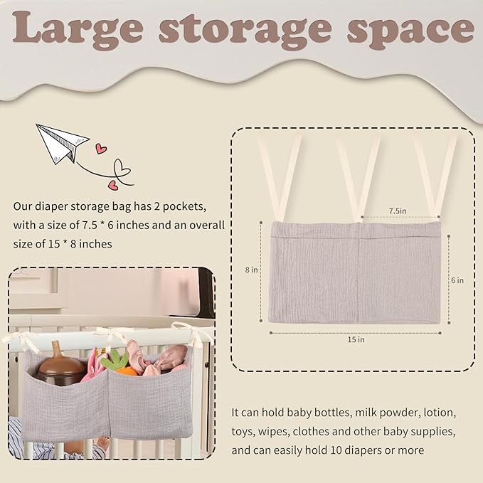 Dormitory Bed-Bunk Organizing Bag Nappy-bags Organizer Bedside Hanging Bags Milk Bottle Bib-Storage Bag Crib Organizer Bag Baby Nappy-Bag cotton (Light grey)