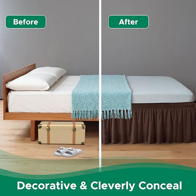 Biscaynebay Wrap Around Bed Skirts for King & Cal King Beds 17" Long Drop, Brown Adjustable Elastic Dust Ruffles Easy Fit Wrinkle & Fade Resistant Silky Luxurious Fabric Solid Machine Washable