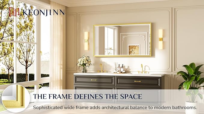Keonjinn 55" x 30" Gold Bathroom Mirror, Brushed Gold Metal Framed Mirrors, Beveled Tempered Glass, Shatterproof, Aluminum Alloy, Decorative Rectangular Vanity Mirror, Wall Mirrors for Over Sink