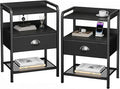 Nightstands Set of 2, Bedside Table with 1 Fabric Drawer, Open Mesh Shelf, End Table Side Table with Storage Drawer Dresser, Wear-Resistant Metal Frame, Bedroom, Black