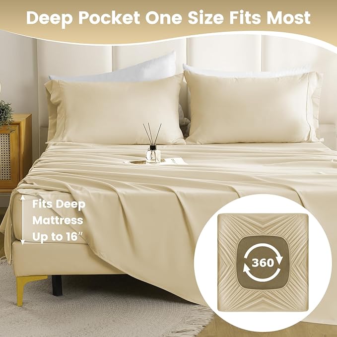 Holtel Luxury Twin Sheet Set - 3 Piece Soft Microfiber Sheets for Twin Size Bed, 16" Deep Pocket Easy Care Wrinkle Free Cooling Bedding Sheet and Pillowcase Set, Beige