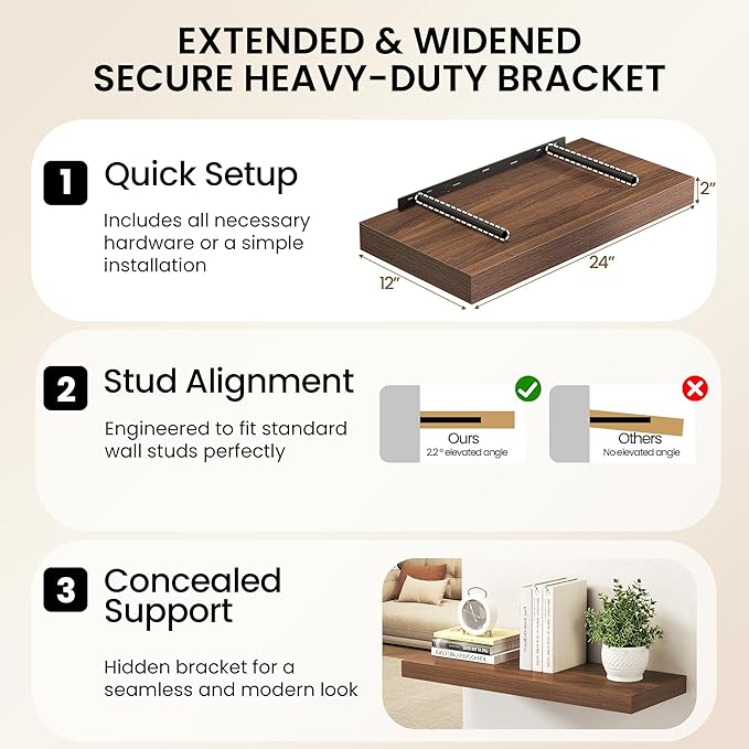 36Inch Walnut Floating Shelves for Wall, 12 Inch Deep Shelves for Bedroom