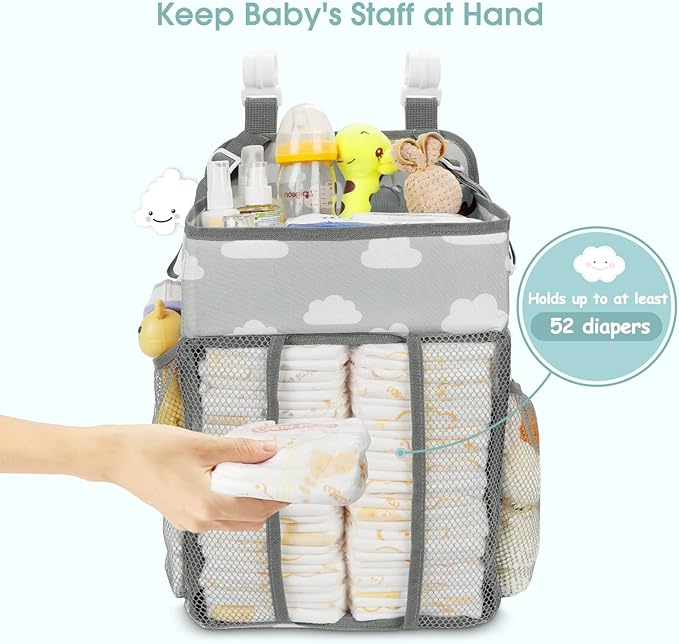 Maliton Hanging Diaper Caddy Organizer - Diaper Stacker for Changing Table, Crib, Playard or Wall & Nursery Organization Baby Shower Gifts for Newborn (Gray Cloud)