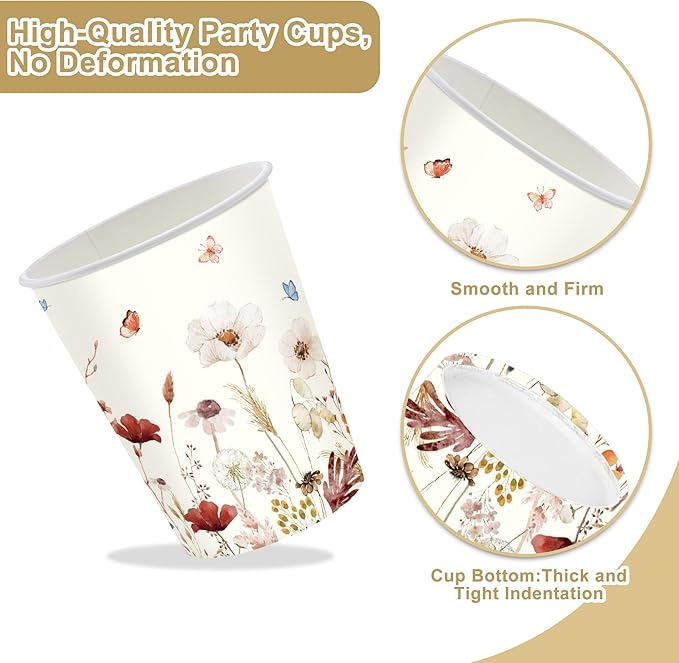 152Pcs Spring Wildflower Party Decorations include Plates, Cups, Napkins, Banner, Tablecloth for Floral Baby Shower Birthday Wedding Decorations, Serves 24