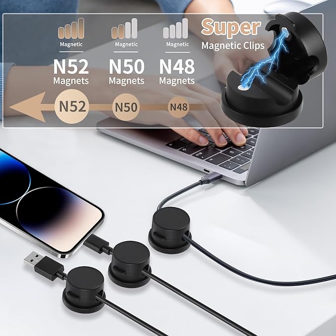 10-Pack 360° Rotatable Magnetic Cord Organizer Clips with Acrylic Adhesive - for Desk, Car, Home & Office | No Residue Springless Design | Strong Hold Cable Management for Chargers & Wires (White)
