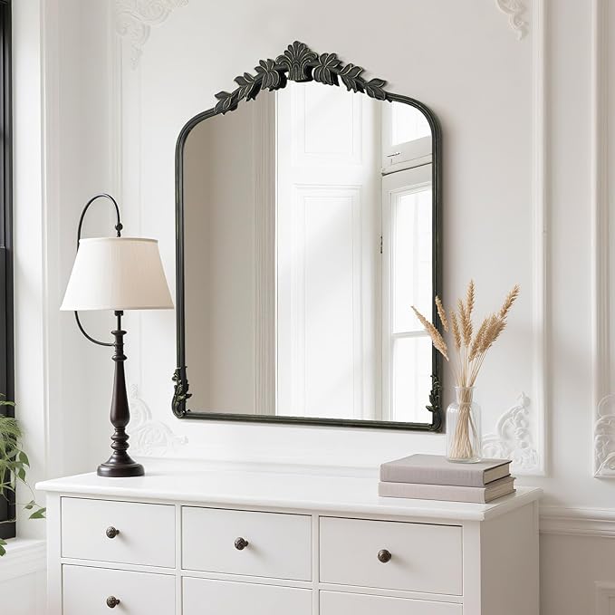 WallBeyond Black Antique Mirror for Vanity 28x36 Inch, Black Vintage Mirror with Ornate Frame, Arched Vintage Wall for Bathroom, Living Room, Fireplace