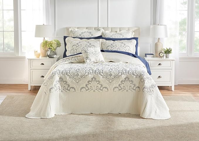 BrylaneHome Bedding Lightweight All Season Modern Amelia Quilted Damask Oversized Ultra Soft Bedspread - King, Ivory Navy