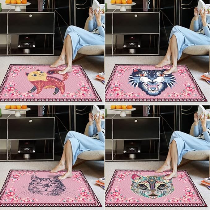 Cartoon Animal Pattern Area Rug Cute Cat Luxury Floral Decor for Carpet Farmhouse Bedroom Living Room Rugs Bathroom Kitchen Runner Mat Indoor Outdoor Non Slip Doormat 4' X 5'