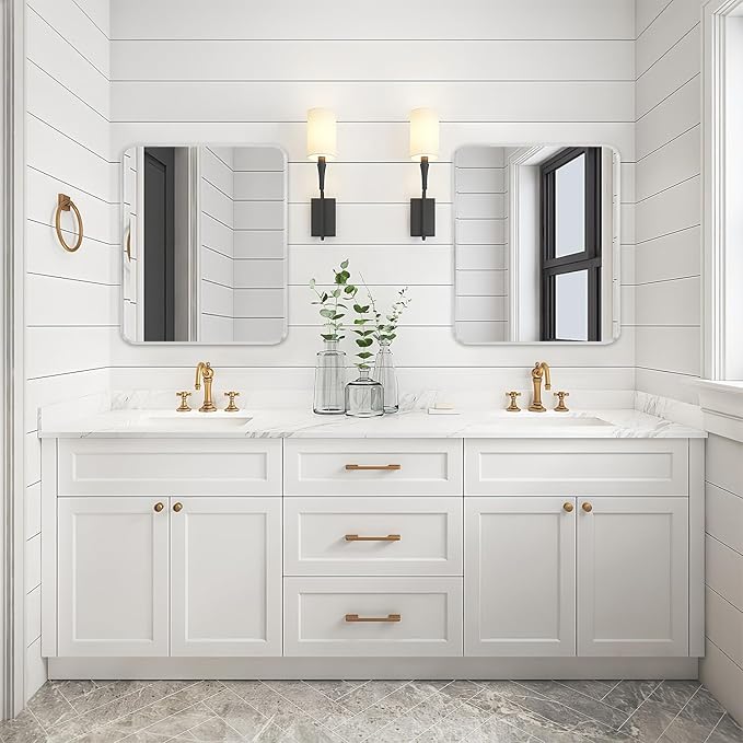 Silver Metal Framed Bathroom Mirror for Wall, Brushed Nickel Rounded Corner Rectangular Bathroom Vanity Mirror, Anti-Rust, Tempered Glass (30" x 36", Silver)