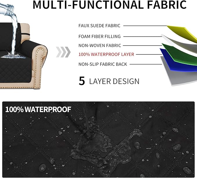 Easy-Going Sofa Slipcover Loveseat Cover Waterproof Couch Cover Washable Sofa Cover for 2 Cushion Couch Non-Slip Fabric Furniture Protector with Pocket for Pets Kids Dog Cat (Loveseat, Black)