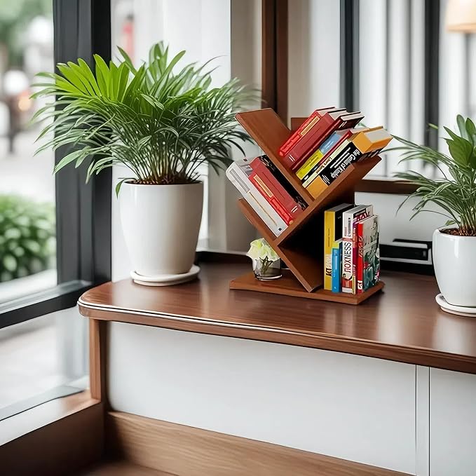 Godferyxin Tree Bookshelf, Small Bookshelf, 3 Tier Wood Mini Book Shelf and