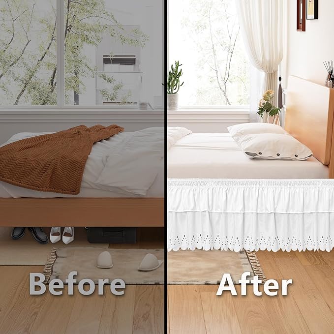 King Bed Skirt, Double-Layered Ruffled Eyelet Bed Skirt, Wrap-Around Elastic Dust Ruffle King Size with Gathered Styling and Embroidered Details, 18" Drop Length (White)