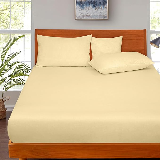 ROYALE LINENS 300 Thread Count 100% Long Staple Combed Cotton Fitted Sheet Queen - Super Soft Deep Pocket Bottom Sheet - Fitted Sheets Only - Elastic Sheets (Queen, Light Yellow)