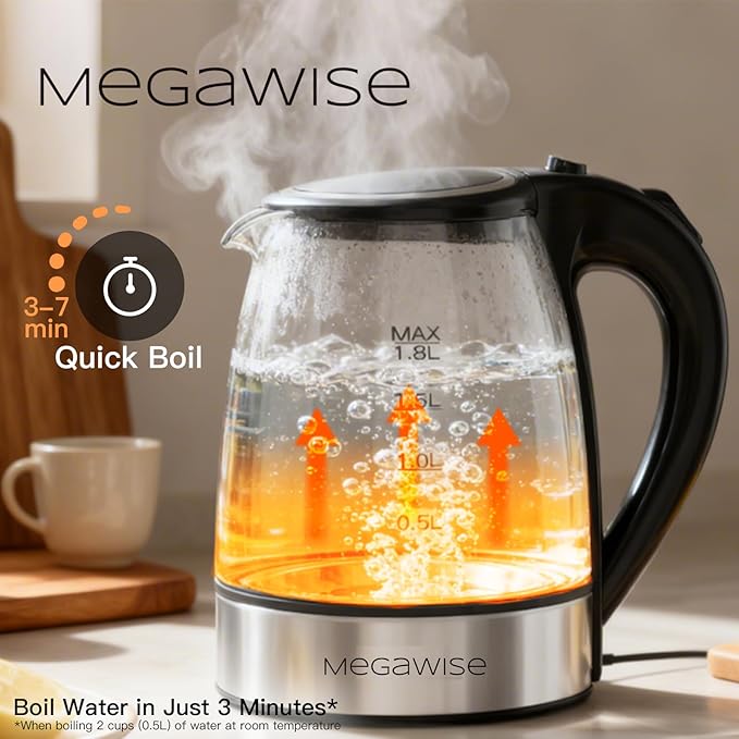 MEGAWISE 1.8L Glass Electric Kettle, Auto Shut-Off, Boil-Dry Protection