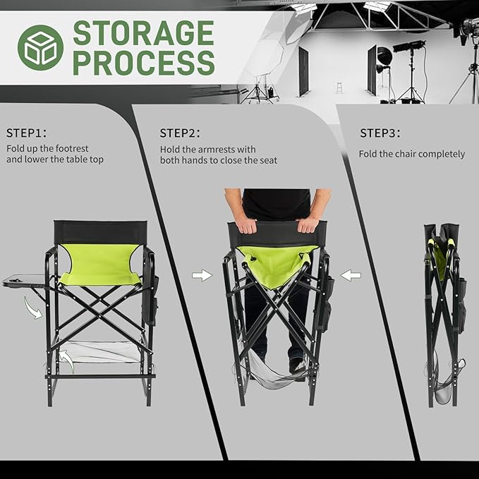 Outvita 2 Piece 31" Tall Directors Chair Height Seat Folding with Side Table Storage Bag, Support for 300Lbs Portable Makeup Artist Chair with Bar Height(Green/Black)