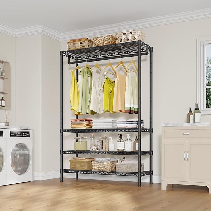 VIPEK V1 Plus Heavy Duty Clothes Rack with Shelves - 4 Tiers Adjustable Height | Holds Up to 540lbs | Perfect for Small Spaces, Apartments | Compact Design for Flexible Storage, Black