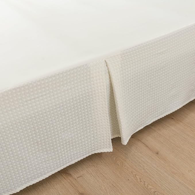 Queen Bed Skirt, Pleated Waffle Weave Bed Skirt with Split Corners, Tailored Dust Ruffle 16 Inch Drop Easy Fit, Machine Washable, Ivory, 16" Queen