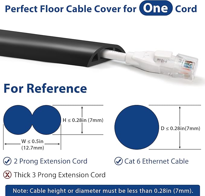 ZhiYo Floor Cord Cover 4ft, Cord Hider Floor Black, Cable Management Cover Prevent Cable Trips, Wire Covers for Electric Power Cords, Wire Protector Cavity W0.47 x H0.28
