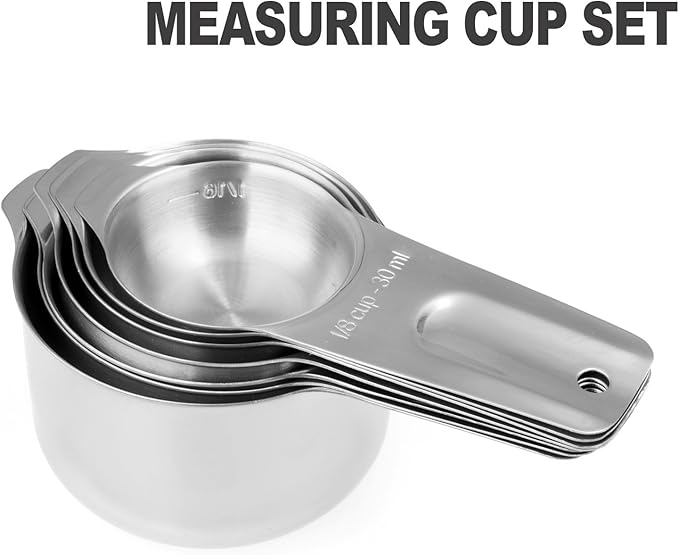 13-piece Measuring Cups and Spoons Set, 18/8 Stainless Steel Heavy Duty Ergonomic Handle with Ring Connector, Silver