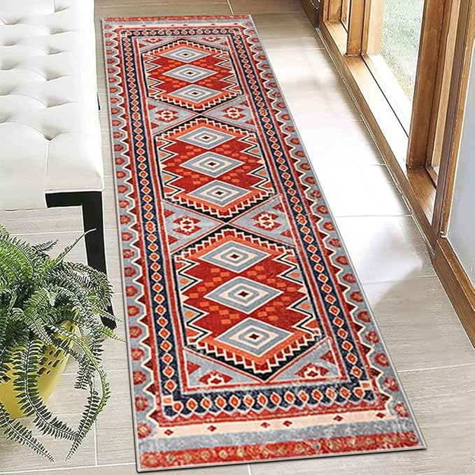Moroccan Trellis Hallway Runner Rug Non-Slip Washable Geometric Standing Mats Anti-Fatigue Long Farmhouse Kitchen Mat Soft Low-Pile Distressed Area Rugs for Bathroom,Bedroom,Laundry 2' X 7'