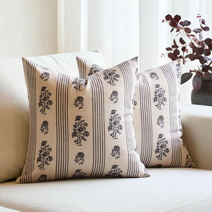 Amor Virisso Floral Throw Pillow Covers 24x24 Set of 2 Block Print Pillow Covers Neutral Floral Striped Farmhouse Decorative Pillow Covers for Sofa Couch Bed, Light Taupe