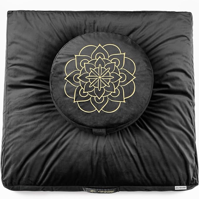 Hihealer Meditation Cushion Set Large Velvet Floor Pillow & Traditional Tibetan Yoga Bolster for Adults Zafu Meditation Mat with Buckwheat Filling (Black)