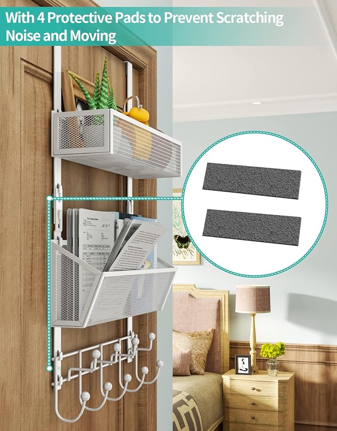 HapiRm Over Door Hook with 2 Mesh Baskets and 9 Hooks, 304 Stainless Steel No Drilling Over The Door Hanger, Storage Organizer for Bathroom, Kitchen, Bedroom-White (for 1.57in Doors)