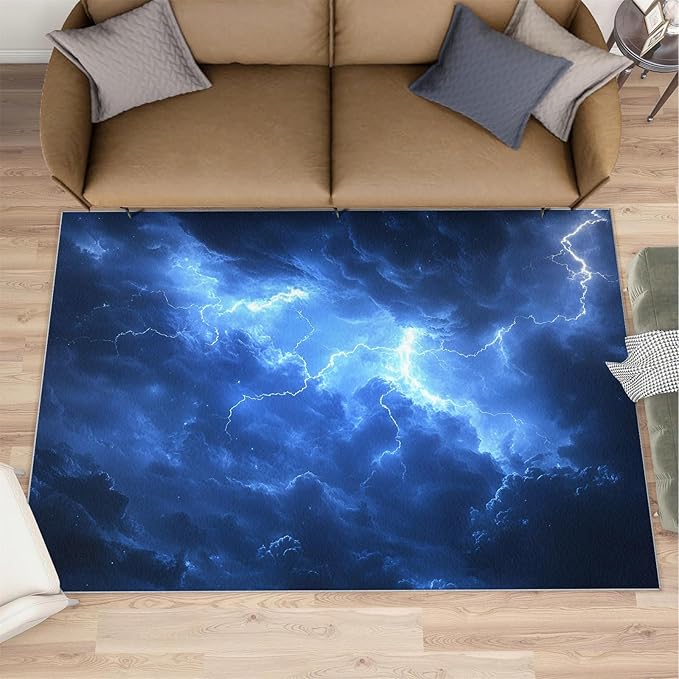 5x8 Dark Clouds Lightning Kids Rug - Storm Dining Room Rug, Natural Weather Area Rugs Indoor Modern Rugs for Bedroom Hardwood Floors Teen Room