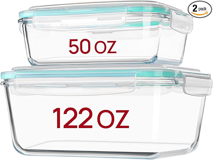 Vtopmart 122oz+50oz Large Glass Food Storage Containers with Airtight Lids, Big Glass Containers for Roasting Chicken, Baking Casseroles, Food Storage, Meal Prep, Fruits, Thanksgiving Meals, BPA-Free