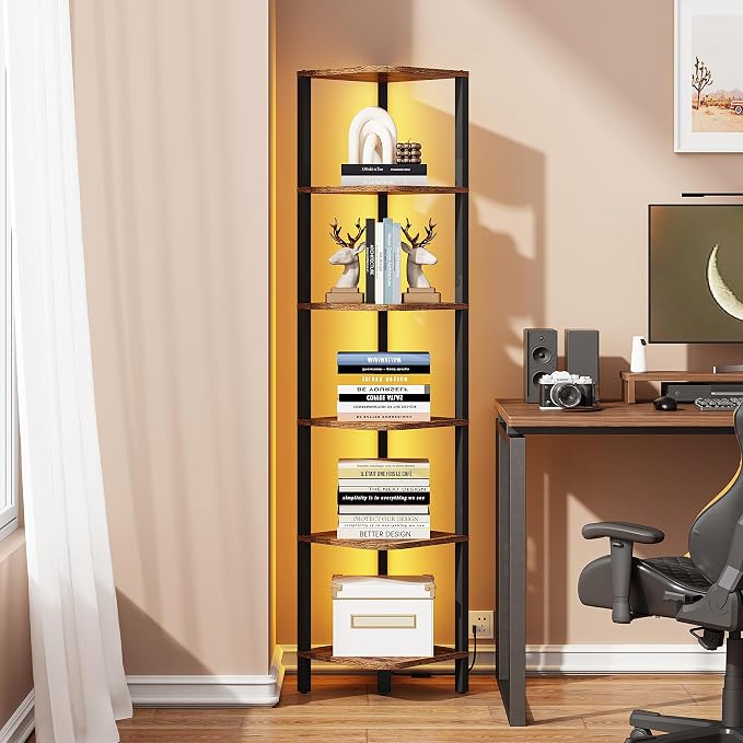 TUTOTAK Corner Shelf with LED Light, 6-Tier Corner Bookshelf