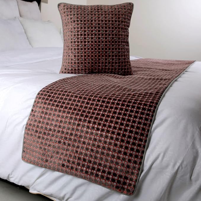 HomeCentric Grey Bed Runner & Scarf, Full Size 68"x18", Velvet with Sequins Embroidery - Ditto Dots