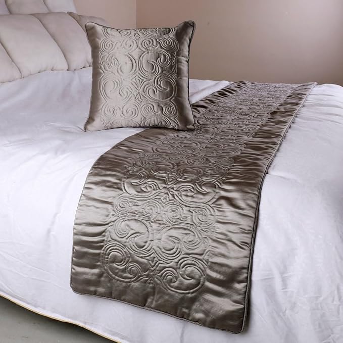 The HomeCentric Decorative Silver Full 68 x 18 inch Bed Runner with Matching Pillow Cover, Satin Quilted Bed Scarf, Abstract Modern - Silver Soft