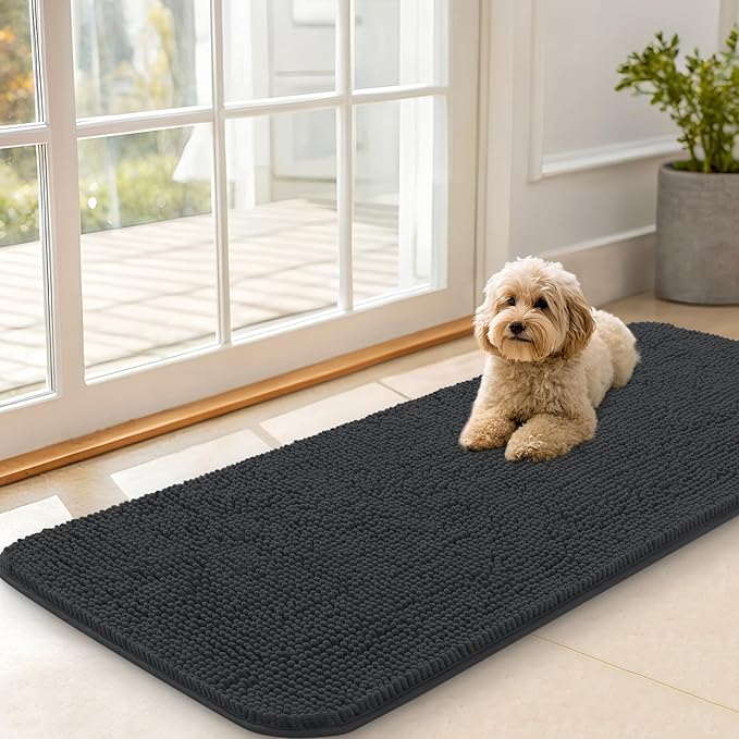 OLANLY Dog Door Mat for Muddy Paws 47x20, Absorbs Moisture and Dirt, Absorbent Non-Slip Washable Doormat, Quick Dry Chenille Mud Mat for Dogs, Entry Indoor Entryway Carpet for Inside Floor, Dark Grey