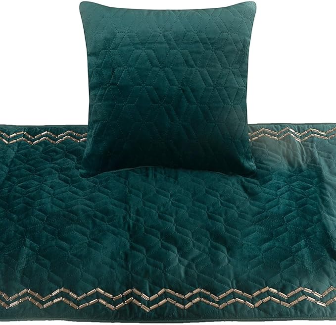 The HomeCentric King Queen Twin Teal Blue Decorative Twin 53"x18" Bed Runner Without Pillow Cover, Quilted & Crystals Bed Scarf on Velvet Fabric - Teal Diamond Symphony