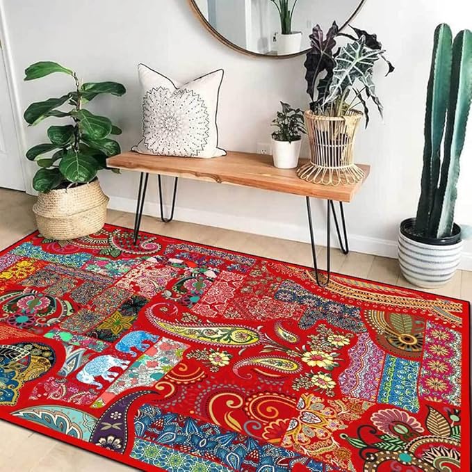 Vintage Boho Area Rugs Multicolor Ethnic Style Geometric Splicing Carpets Bedroom Living Room Kitchen Floor Mats Indoor Outdoor Non-Shedding Runner Rug Home Décor Carpet 2' X 3'